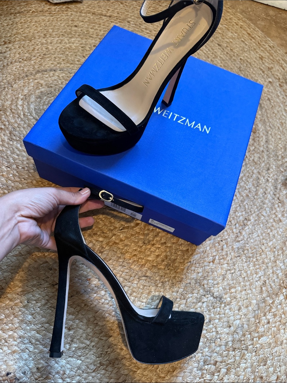 Stuart Weitzman Black Suede High-Platform Ankle-Strap Sandals